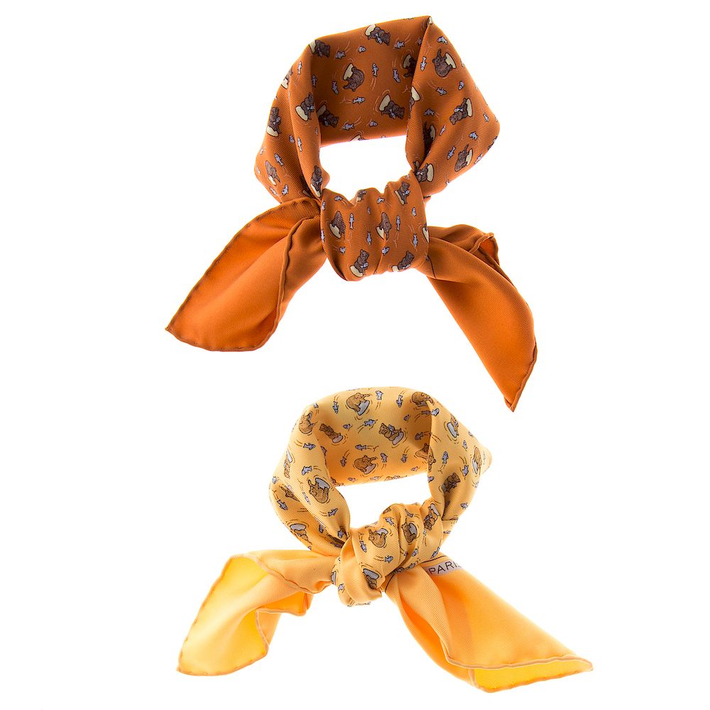 Appraisal: Two Hermes Bear Fish Pocket Scarves Yellow and multicolor Hermes