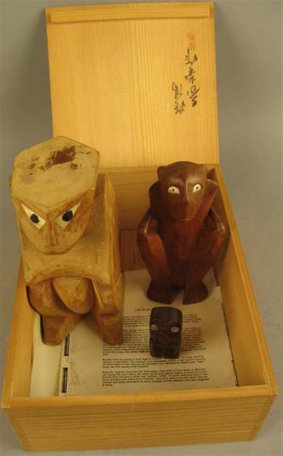 Appraisal: Three Tobi Island Monkey Men in wooden box From a