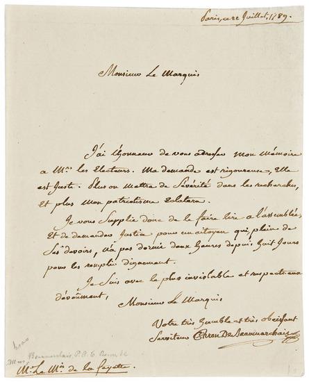 Appraisal: BEAUMARCHAIS Pierre-Augustin Caron de - Autograph letter signed Caron de