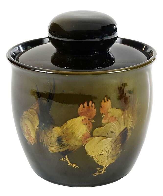 Appraisal: Rare Rookwood Humidor Decorated With Chickens American circa standard glazed