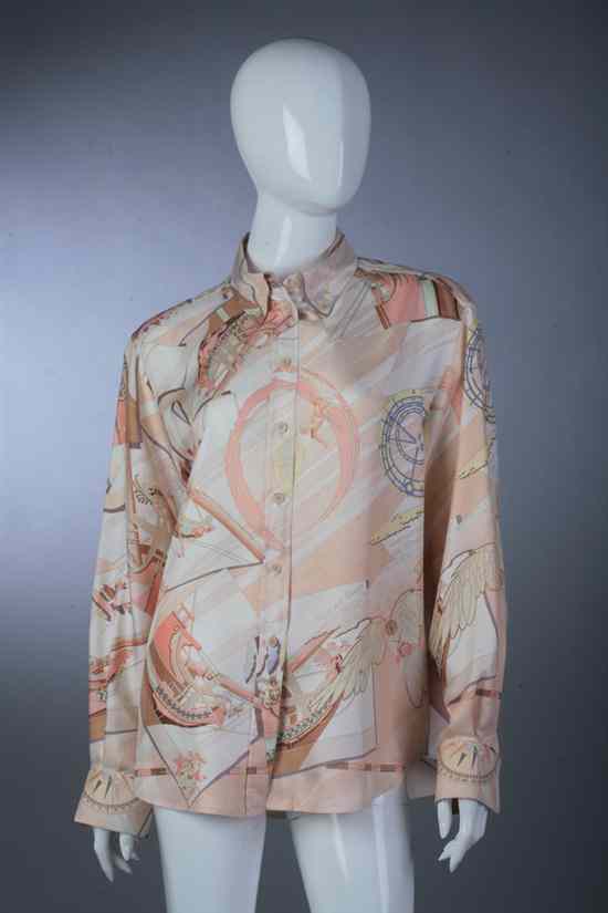 Appraisal: HERM S SILK ''FACE AU LARGE'' BLOUSE Size