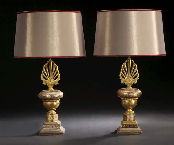 Appraisal: Pair of Continental Gilt Anthemion-Ended Turned Giltwood Vasiform Pole Finials