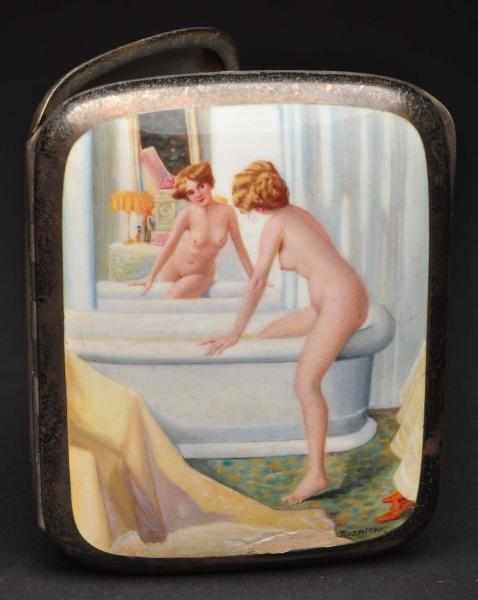 Appraisal: Silver Enameled Cigarette Case Marked Depicts nude woman getting into