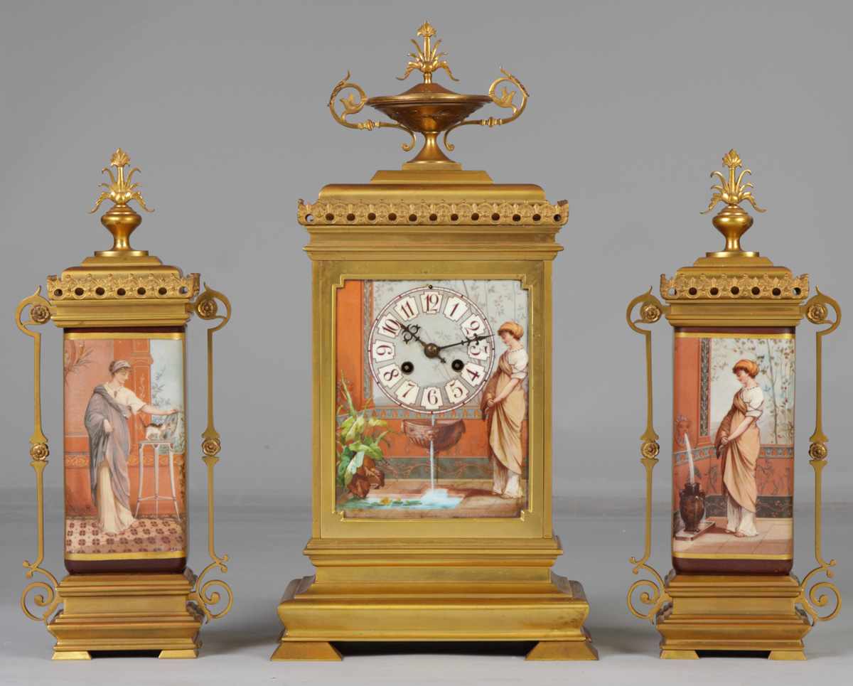 Appraisal: Victorian -Pc Clock Set th cent Bronze painted porcelain day