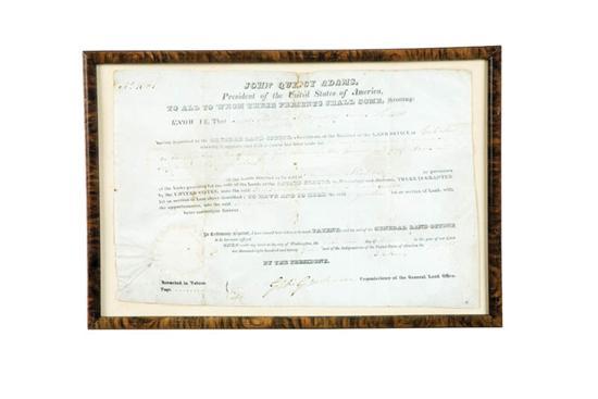 Appraisal: LAND GRANT SIGNED BY JOHN QUINCY ADAMS Ink on vellum