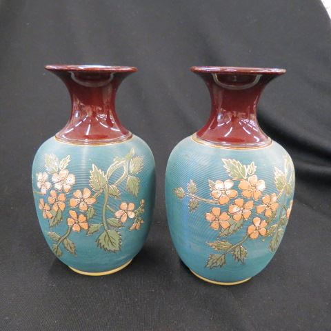 Appraisal: Pair of Lovatt English Tapestryware Pottery Vases fine floral on