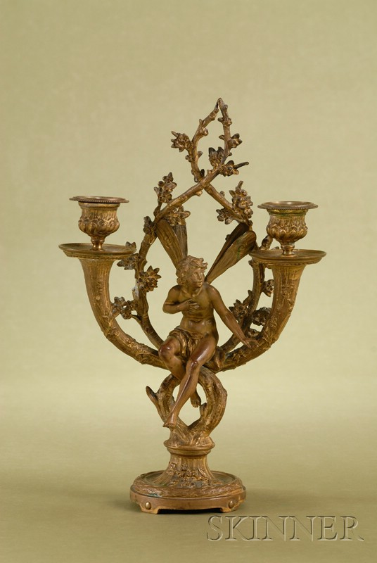 Appraisal: Art Nouveau Ormolu Two-light Candelabra c depicting a nymph perched