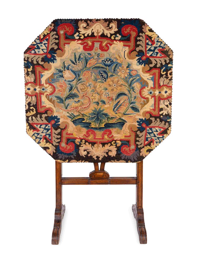 Appraisal: A Victorian Needlepoint-Mounted Tilt-Top Coaching Table Height x width x