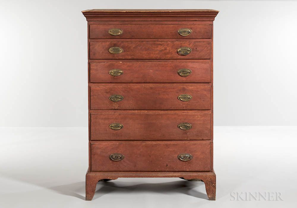 Appraisal: Red-painted Birch and Cherry Tall Chest of Six Drawers Red-painted