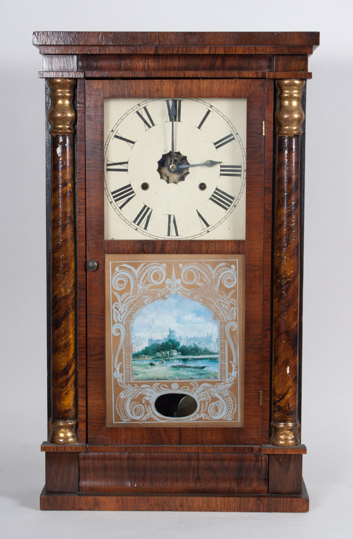 Appraisal: American Classical rosewood mantel clock circa column supports reverse painted