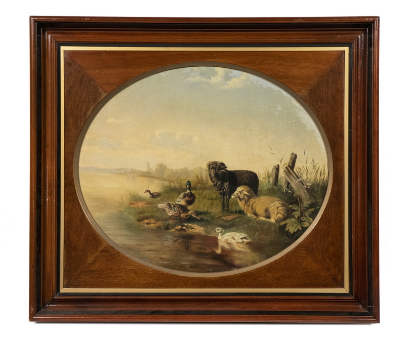 Appraisal: VICTORIAN OVAL PASTORAL PAINTING IN RECTANGULAR FRAME Idyllic Scene of