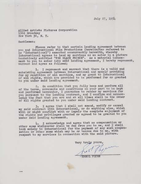 Appraisal: ERROL FLYNN Typed letter signed by Flynn acknowledging the lending