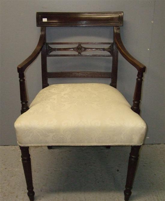 Appraisal: Regency mahogany bar back open armchair with carved splat back