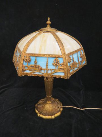 Appraisal: Antique Slag Glass Lamp fancy metalwork with church cottage caramel