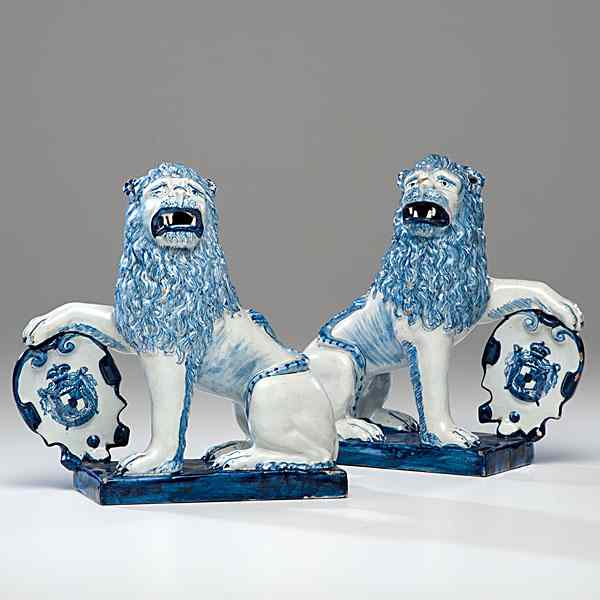 Appraisal: Delft Lions With Shields English th century A pair of