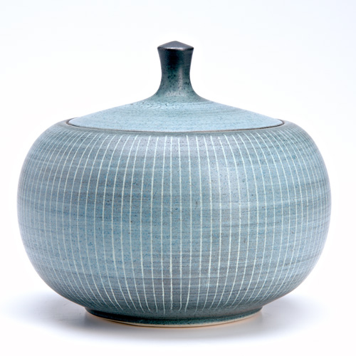 Appraisal: HARRISON MCINTOSH Stoneware covered vessel incised with lines on a