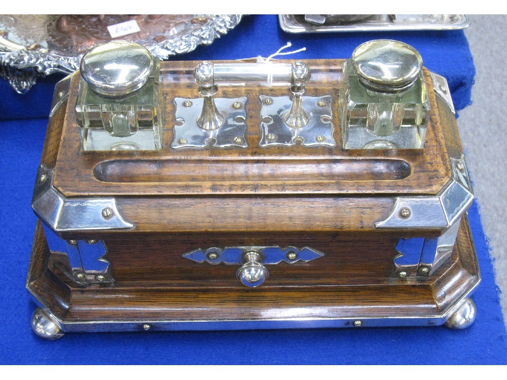 Appraisal: Oak and silver plate mounted inkstand