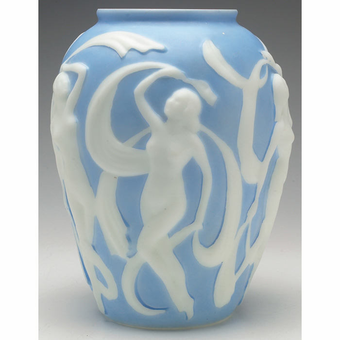 Appraisal: Consolidated vase bulbous glass form with dancing nudes in white