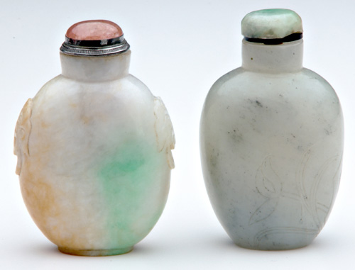 Appraisal: CHINESE SNUFF BOTTLES Two jade bottles th C one flattened