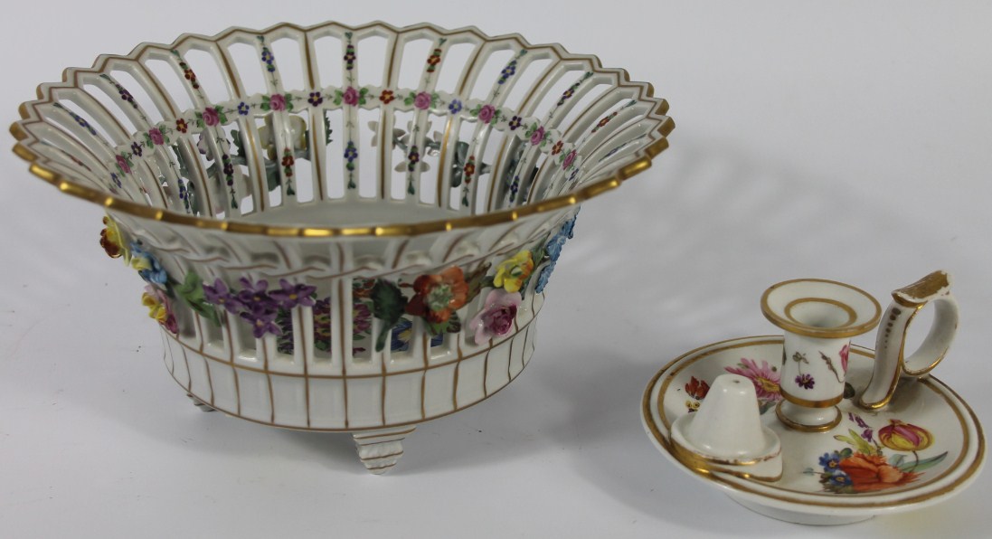 Appraisal: A Dresden porcelain basket painted and encrusted with flowers cm