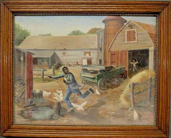 Appraisal: Oil on board caricature painting of a black man stealing