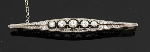 Appraisal: An Edwardian diamond bar brooch Circa The tapering bar pierced