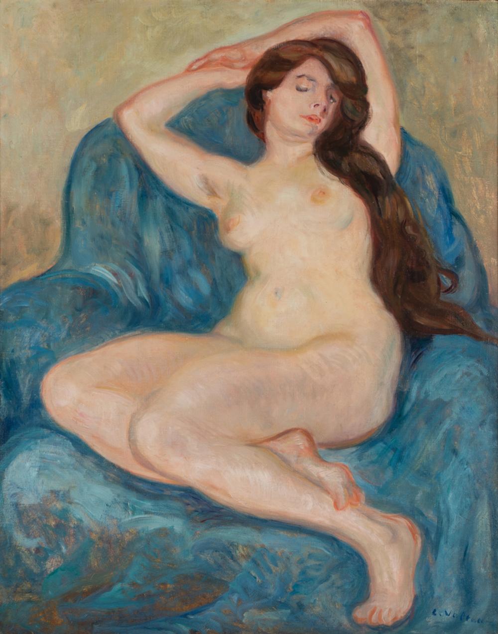 Appraisal: LOUIS VALTAT - FEMME NU AU FAUTEUIL BLEU oil on