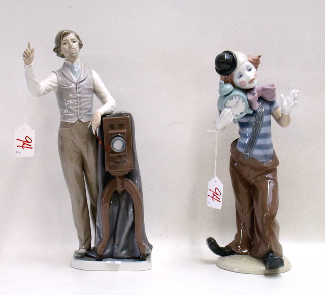 Appraisal: TWO LLADRO PORCELAIN FIGURINES Clown with Clock sculptor Salvador Debon