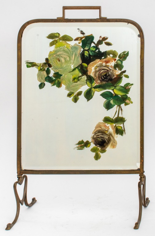 Appraisal: BRASS AND PAINTED MIRROR FIRE SCREEN Brass and painted mirror