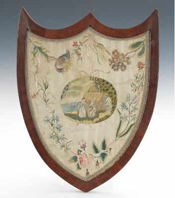 Appraisal: An Early Silk Embroidered Picture Framed in a walnut shield