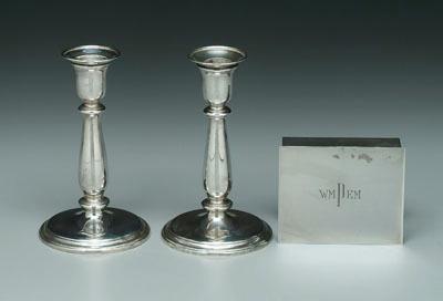 Appraisal: Three pieces Tiffany sterling pair candlesticks round marked circa monograms