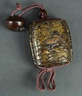 Appraisal: Japanese Lacquered Inro Ojime Netsuke Japanese wooden lacquered five-tiered inro