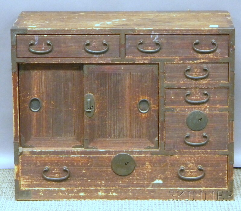 Appraisal: Small Japanese Copper-bound Pine Dovetail-constructed Tansu ht wd in Provenance