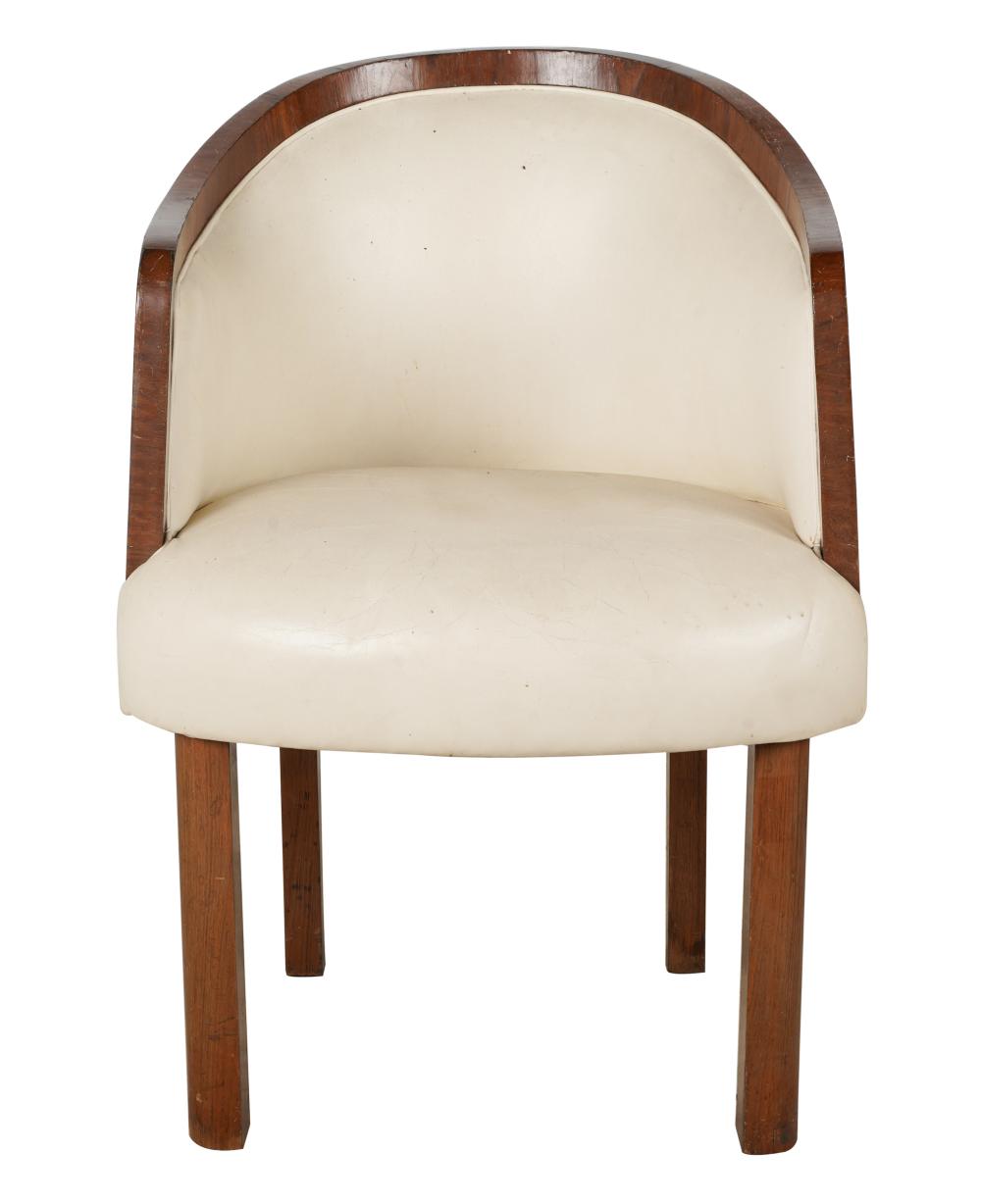 Appraisal: ART DECO-STYLE BARREL CHAIRunsigned covered with off-white leather Provenance Important