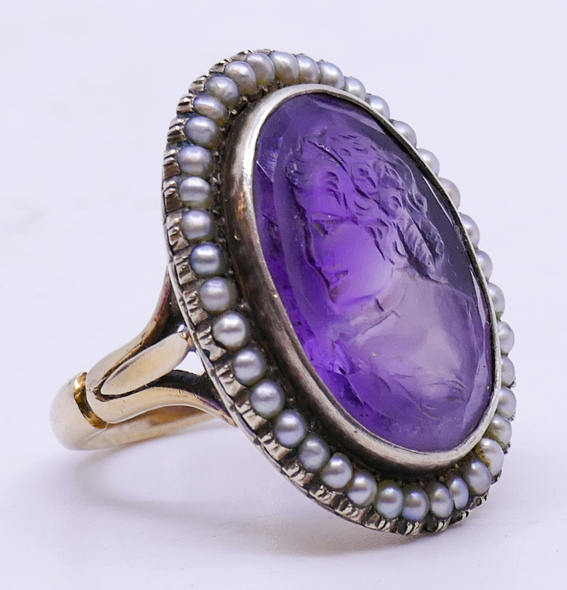 Appraisal: Ladies K Amethyst Cameo Seed Pearl Ring Size g