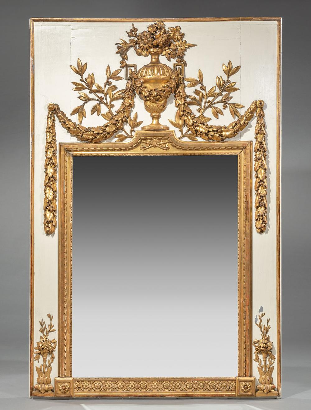 Appraisal: Louis XVI-Style Cr me Peinte and Parcel Gilt Trumeau Mirror