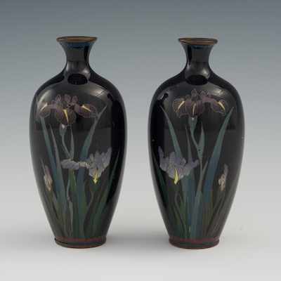 Appraisal: A Pair of Miniature Cloisonne Iris Vases Meiji Period Dark