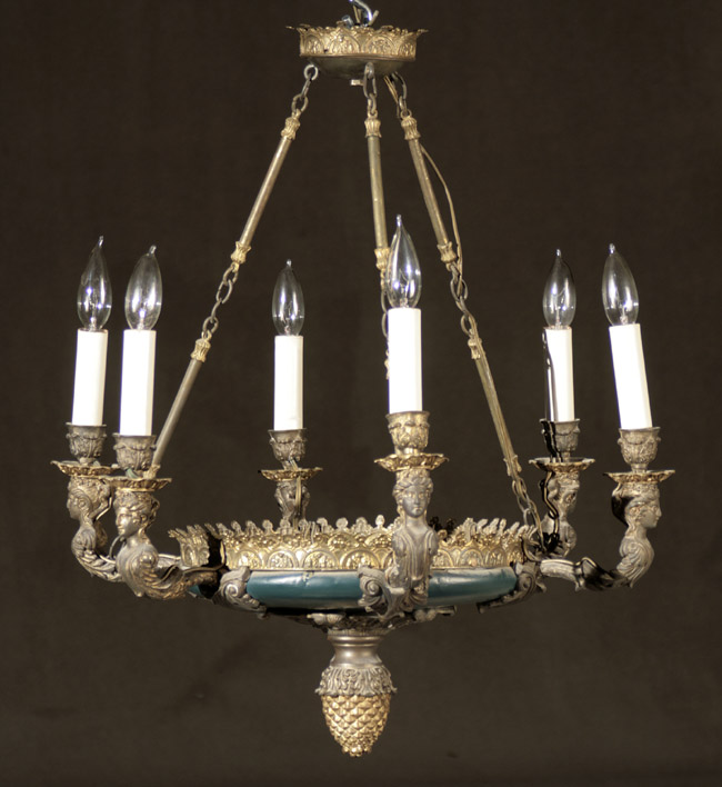 Appraisal: Empire Style Gilt Cast-Metal and Blue T le-Peinte Six-Light Chandelier