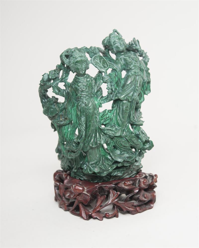 Appraisal: CHINESE CARVED MALACHITE FIGURE GROUP ON STAND x in Estimate