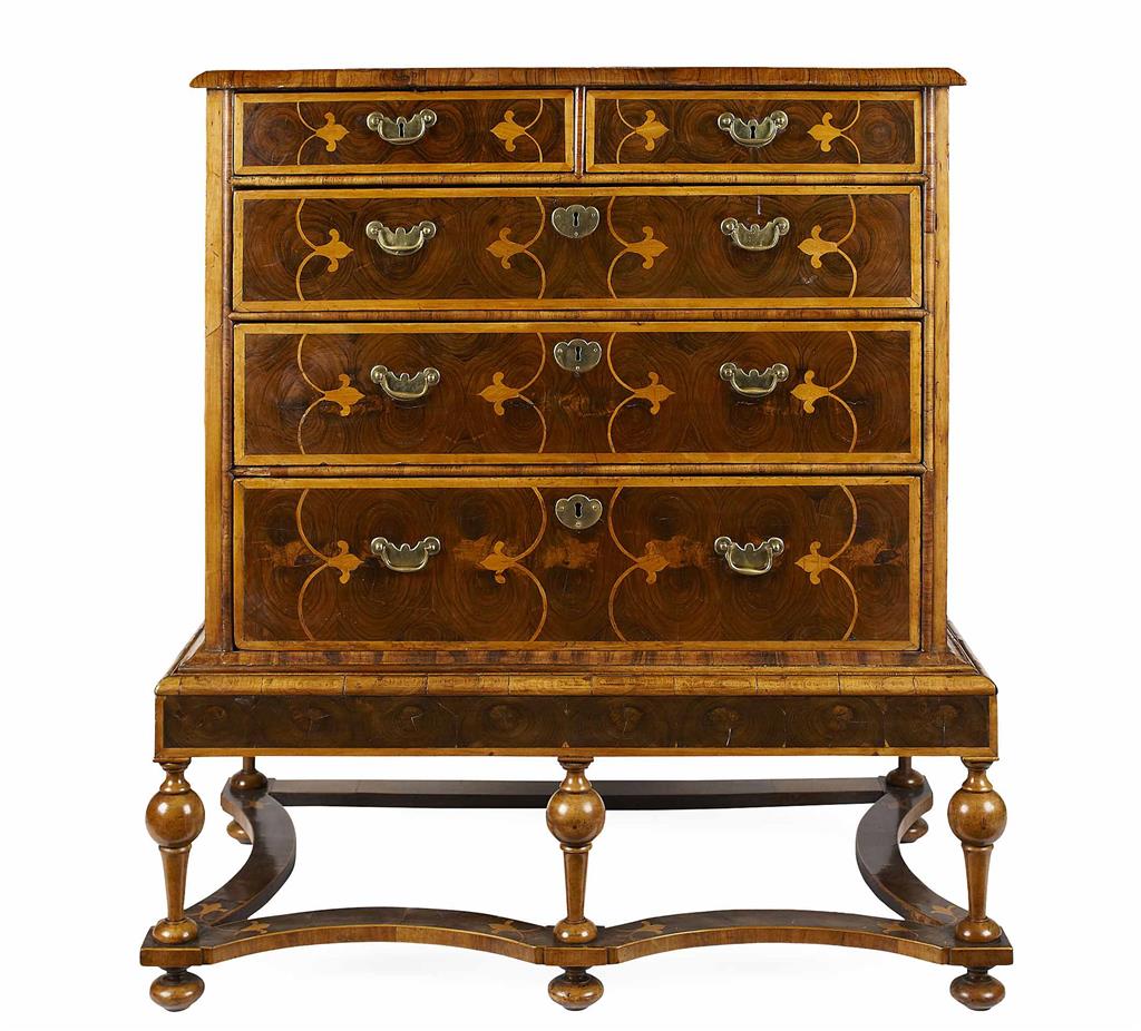 Appraisal: WILLIAM MARY LABURNUM AND WALNUT OYSTER VENEERED CHEST ON STAND