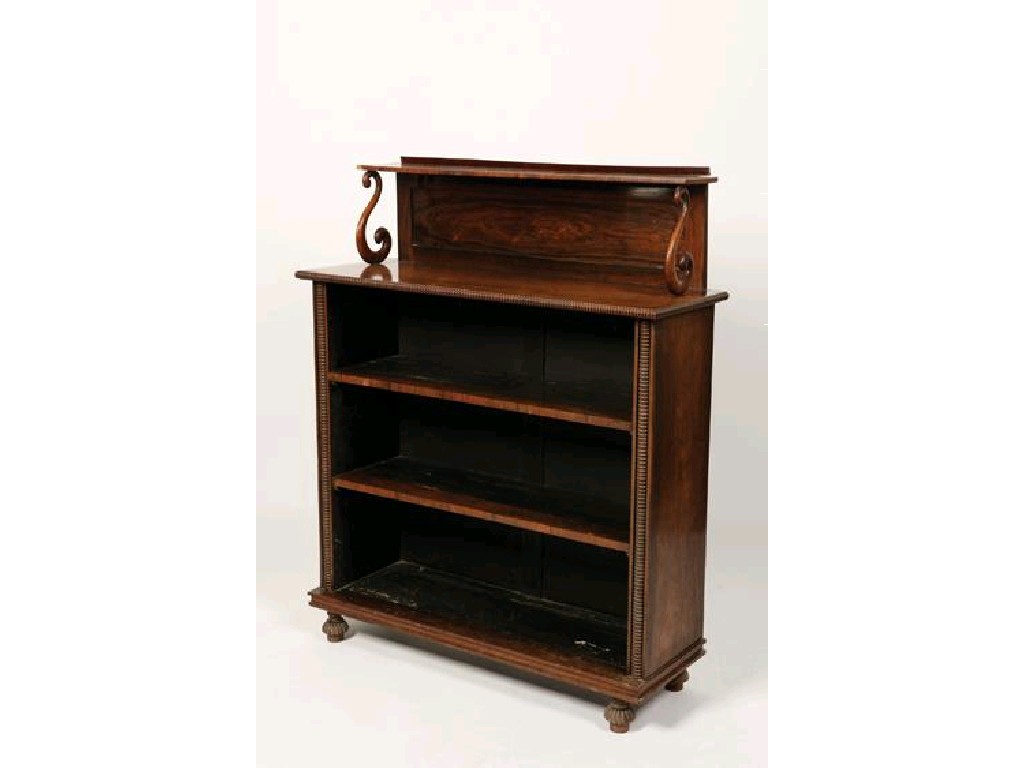 Appraisal: A REGENCY ROSEWOOD OPEN FRONTED BOOKCASE with a panelled gallery