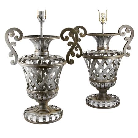 Appraisal: Pair of Metal Basket Weave Urn-Form Lamps Estimate -