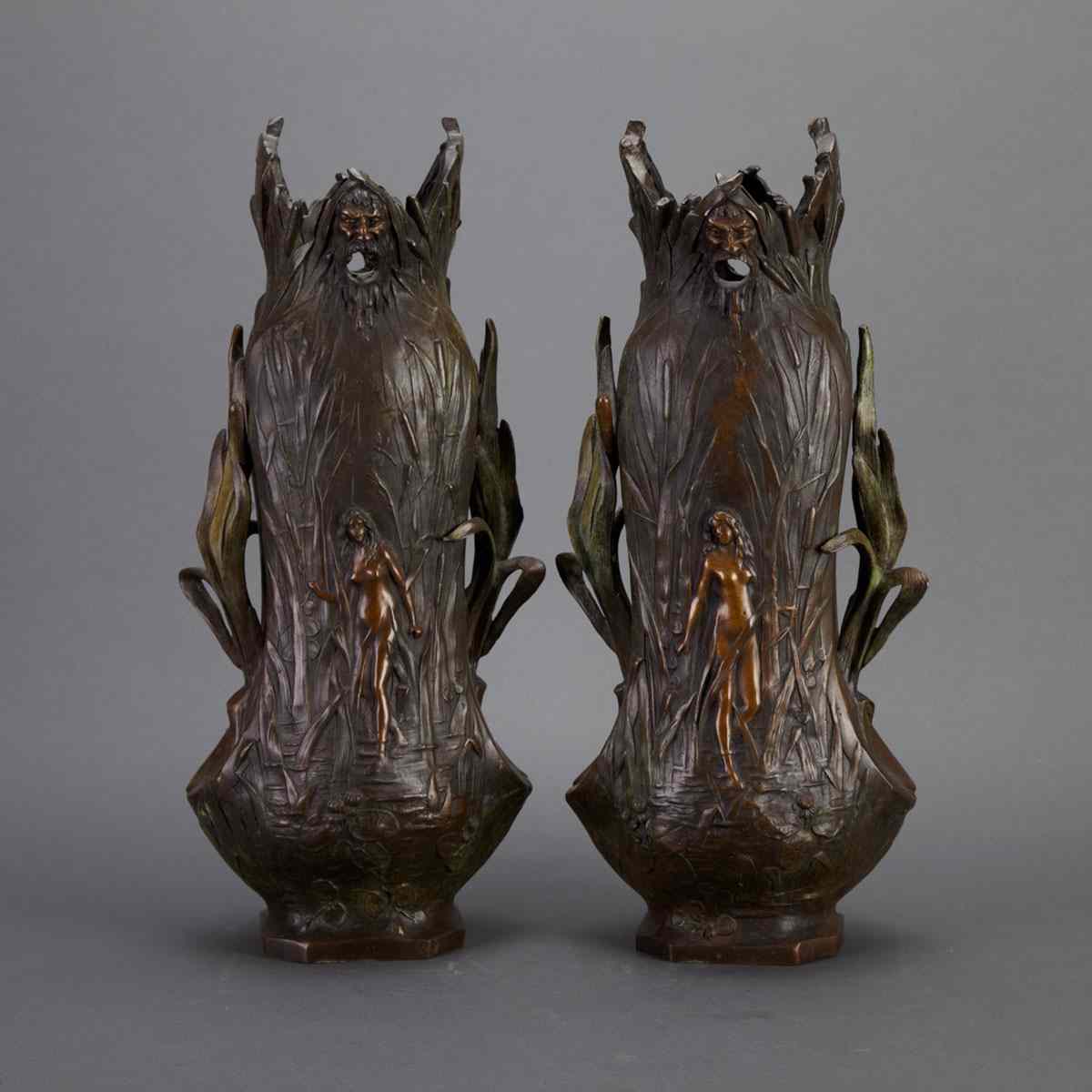 Appraisal: Pair of Art Nouveau Style Patinated Vases th century each