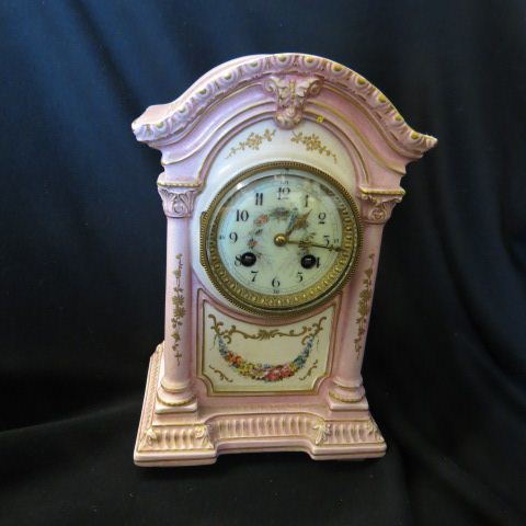 Appraisal: French Victorian Porcelain Cased Clock handpainted with musical instruments florals