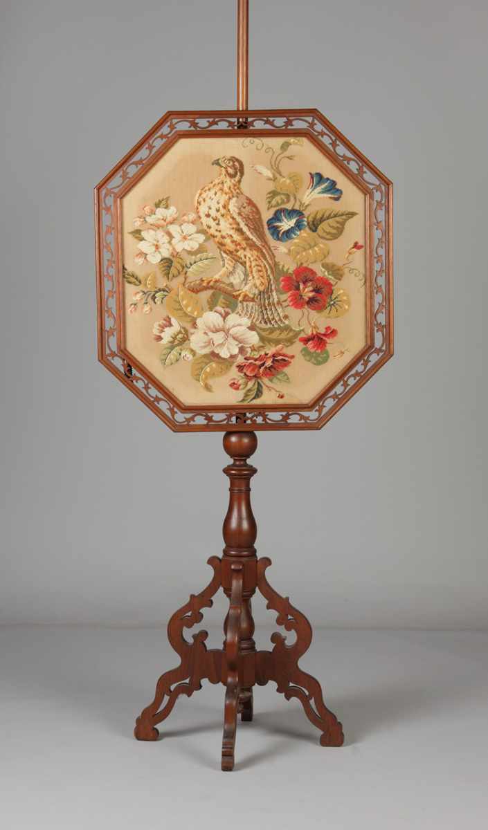 Appraisal: Victorian Walnut Pole Screen Needlework bird florals Missing top finial