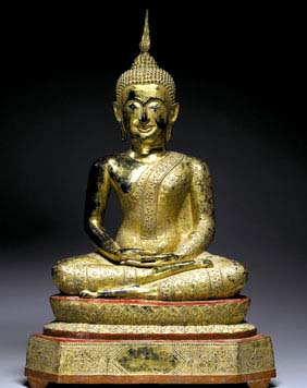 Appraisal: MASSIVE THAI GILT BRONZE BUDDHA Massive Thai gilt bronze Buddha