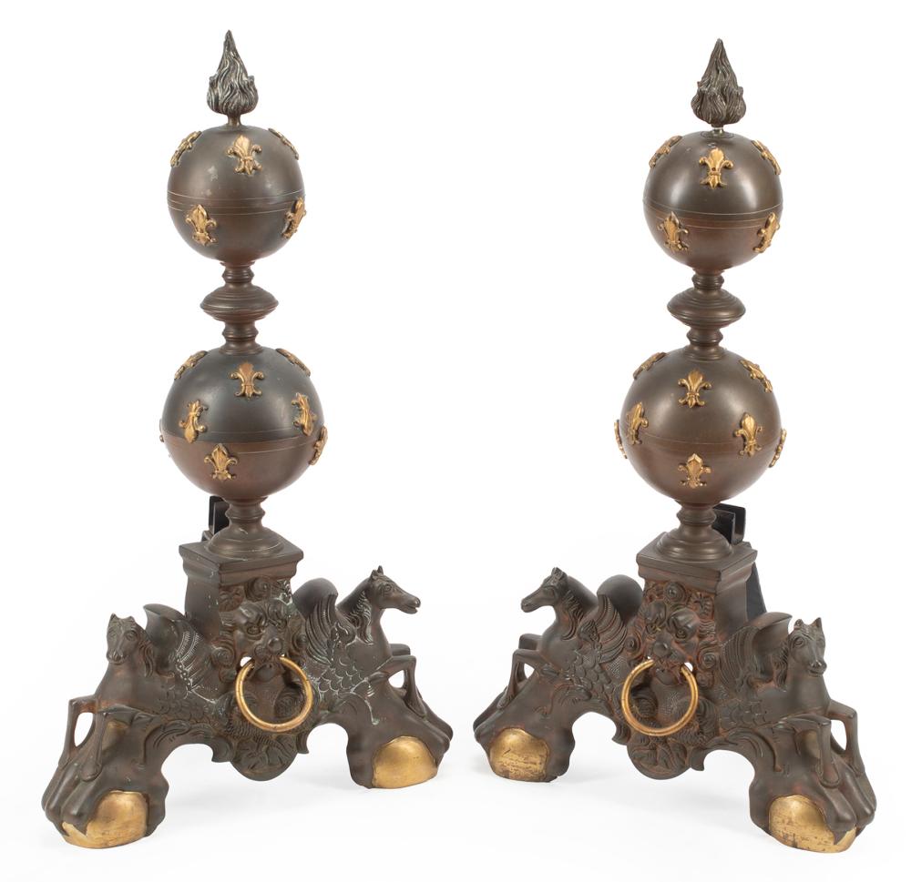 Appraisal: Pair of Renaissance-Style Bronze Andirons th c flame finial spheres