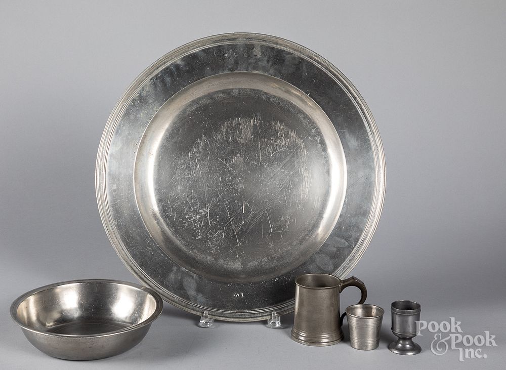 Appraisal: Five pieces of pewter Five pieces of pewter to include