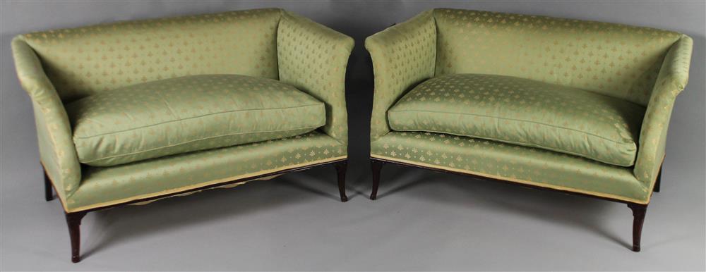 Appraisal: PAIR OF HEPPLEWHITE STYLE UPHOLSTERED SETTEES WITH DOWN CUSHIONS having