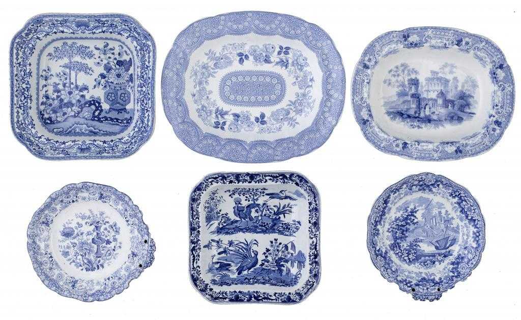 Appraisal: FIVE MINTON BLUE PRINTED EARTHENWARE DISHES AND AN UNASCRIBED BLUE